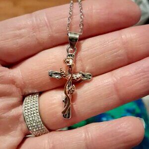 18K Gold Plated Cross & Rose Pendant Necklace